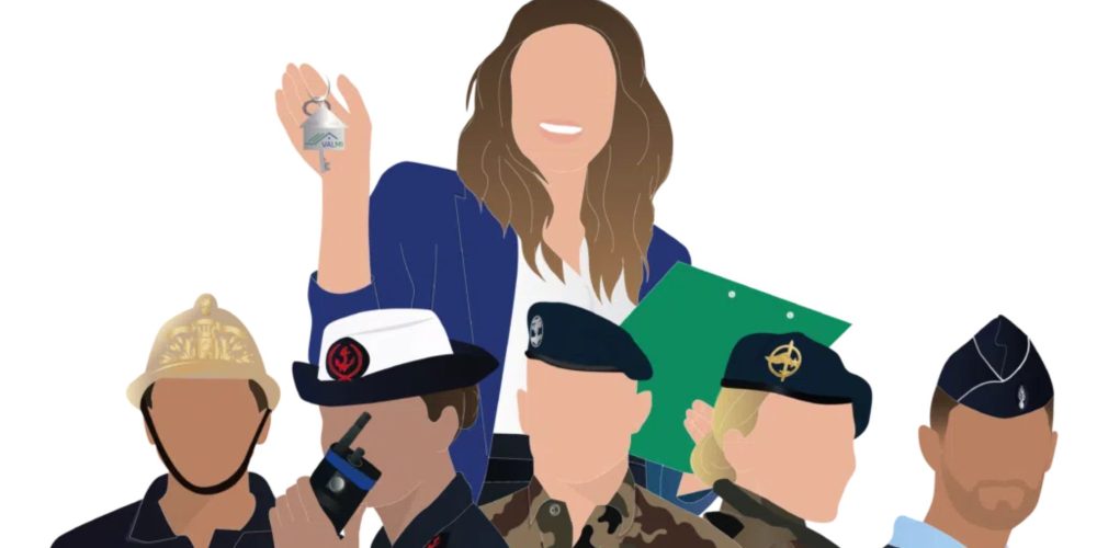Illustration avec un membre de l'agence immobilière avec des militaires